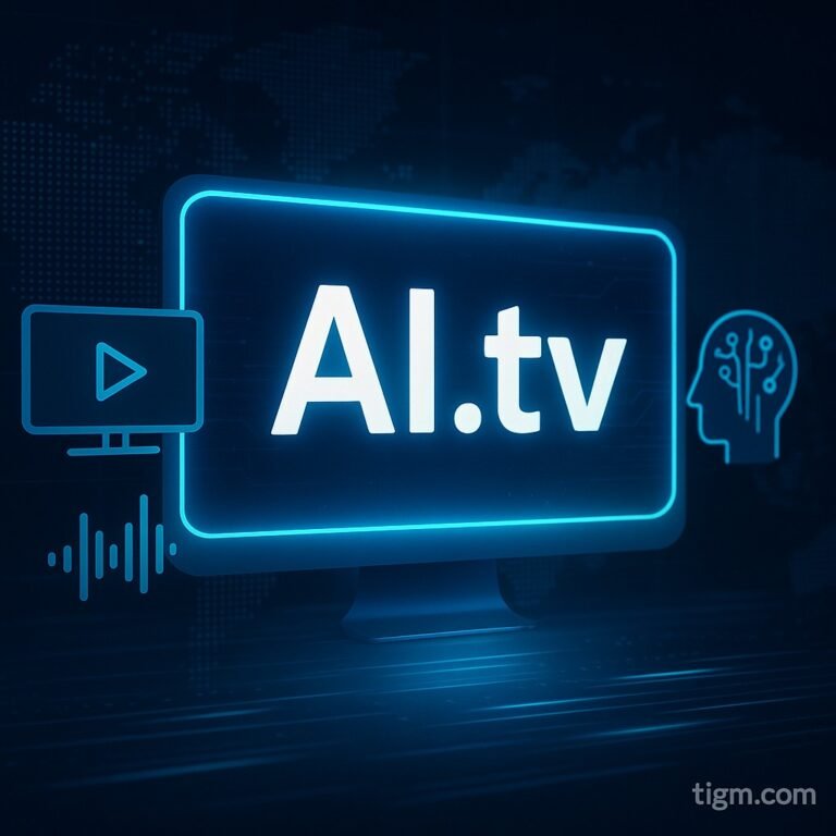 Digital illustration of AI.tv on a glowing screen with video and AI icons, symbolizing its $200,000 sale as the top .tv domain transaction
