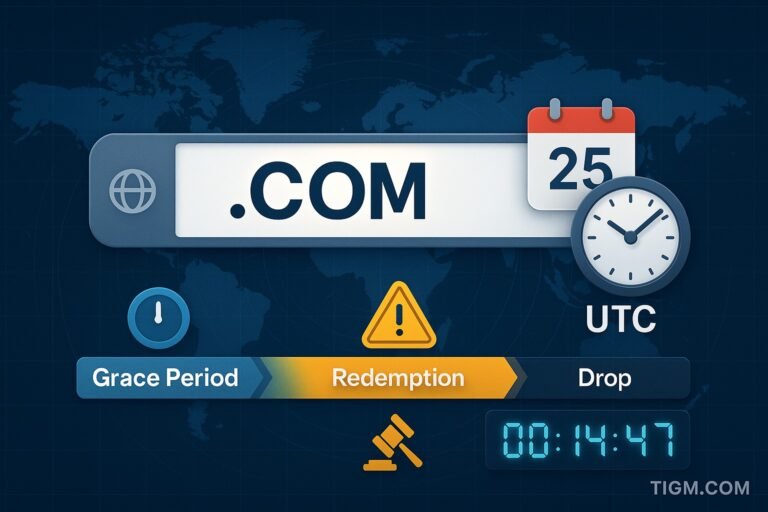 .COM domain lifecycle infographic with UTC/IST clocks, grace period, redemption, and drop timeline