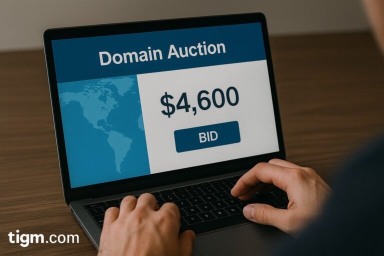 Person bidding in an online domain auction via laptop showing $4,600 bid button, symbolizing Vivax-Assist.com sale.