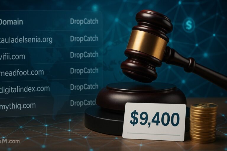 Auction gavel with DropCatch domain sales list and $9,400 total value