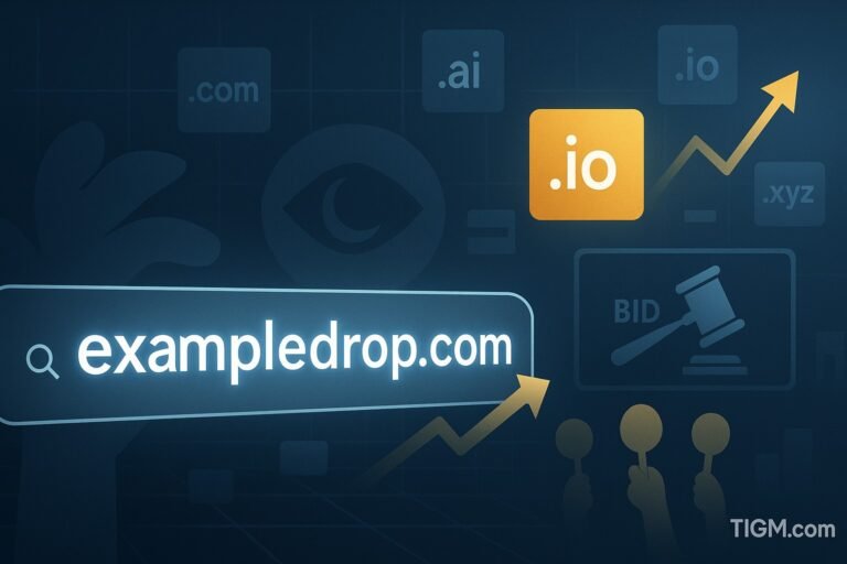 Expired domain exampledrop.com in search bar with auction gavel, bidding paddles, premium .io tile highlighted in gold, upward arrow, TIGM.com watermark.