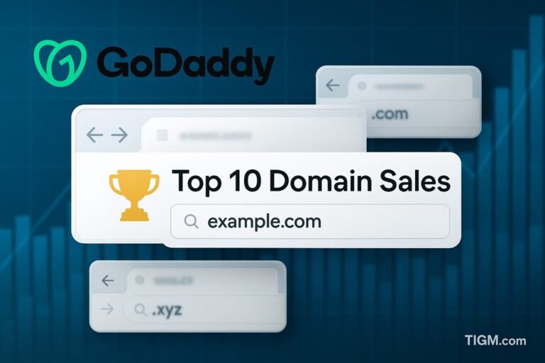 Featured image showing GoDaddy logo with a digital Top 10 sales board, browser bars of premium domains, trophy icon, and TIGM.com watermark.