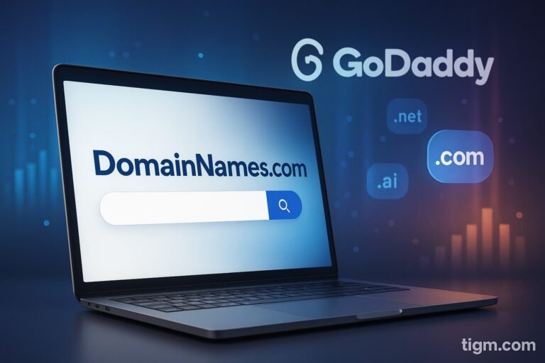 Laptop screen showing DomainNames.com with GoDaddy branding and domain extension icons, symbolizing GoDaddy’s premium domain marketplace launch.