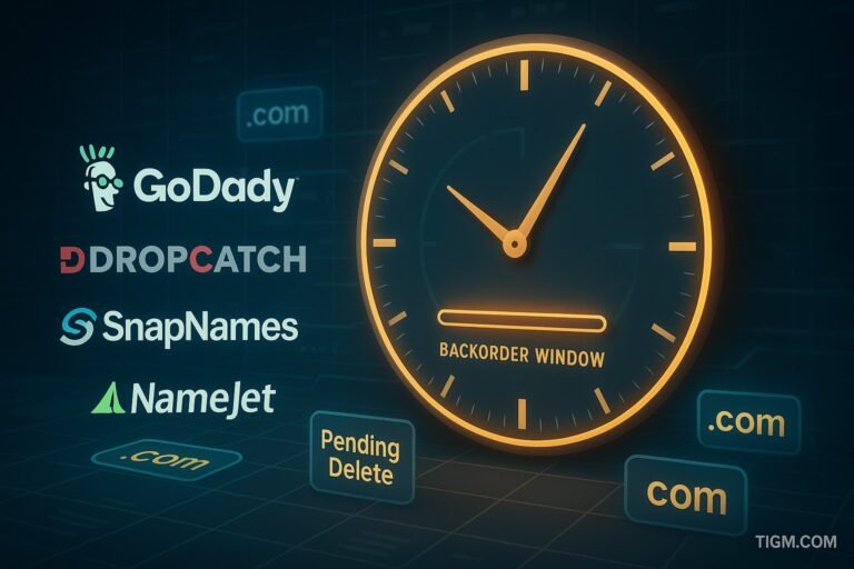 Digital clock surrounded by GoDaddy, DropCatch, SnapNames, and NameJet logos representing domain backorder timing and pending delete phase, with TIGM.com watermark.