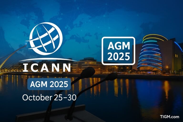 Featured image of Dublin’s Convention Centre and Samuel Beckett Bridge with ICANN84 AGM 2025 branding, microphones in the foreground, and TIGM.com watermark.