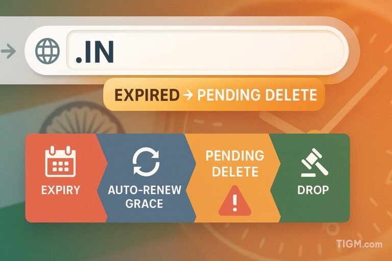 .IN domain lifecycle infographic showing expiry, auto-renew grace, pending delete, and drop stages