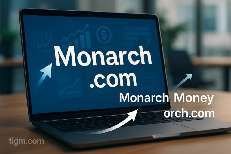 Laptop screen displaying Monarch.com with upward arrows, symbolizing Monarch Money’s transition to its new premium domain.
