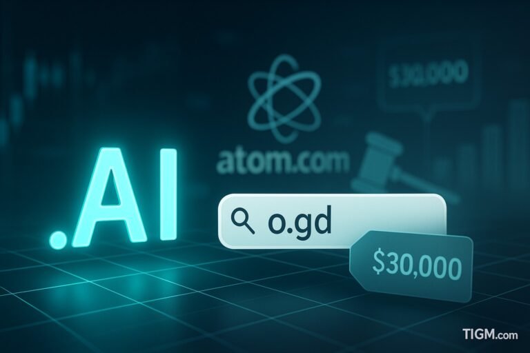 Glowing .AI domain text with O.gd search bar and $30,000 price tag, Atom.com auction theme, TIGM.com watermark.