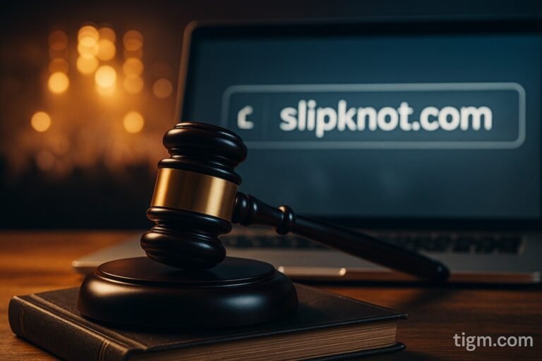 Judge’s gavel on a book beside a laptop showing Slipknot.com URL, symbolizing Slipknot’s legal fight for the domain.
