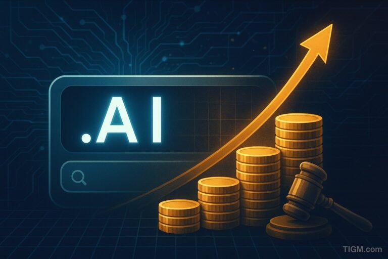 Illustration of .AI domain name with golden coins, rising arrow, and auction gavel symbolizing skyrocketing domain value in 2025.