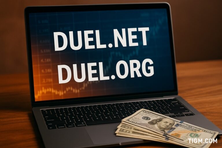 Laptop screen showing “DUEL.NET” and “DUEL.ORG” with U.S. dollar bills on the keyboard, TIGM.com watermark bottom right.