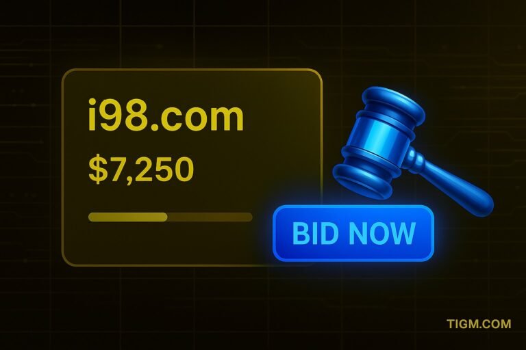 Digital auction dashboard showing i98.com selling for $7,250 with glowing bid button, golden gavel, and TIGM.com watermark.
