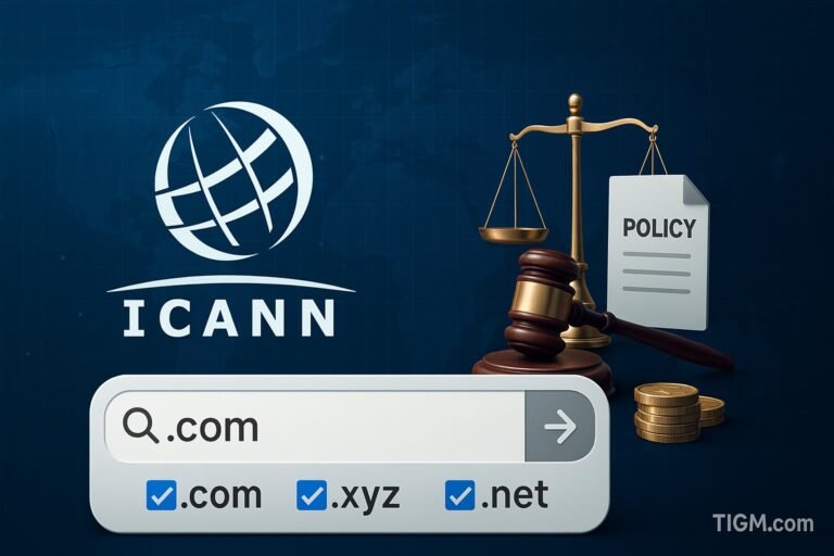 Featured image showing ICANN logo, domain registrar search bar with .com, .xyz, .net, alongside gavel, scales of justice, and a policy document, symbolizing new regulations.