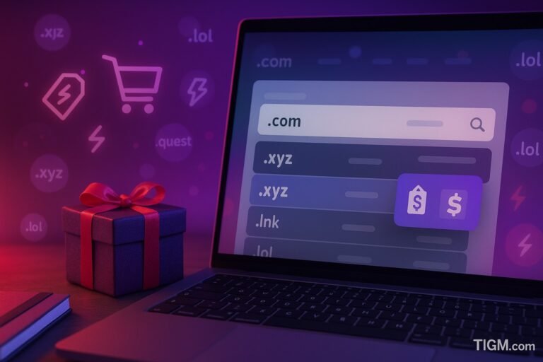 “Laptop screen displaying a generic domain search interface with the .xyz extension highlighted, surrounded by neon shopping icons and a gift box, symbolizing .XYZ’s Black Friday and Cyber Monday 2025 discount campaign; TIGM.com watermark visible.”