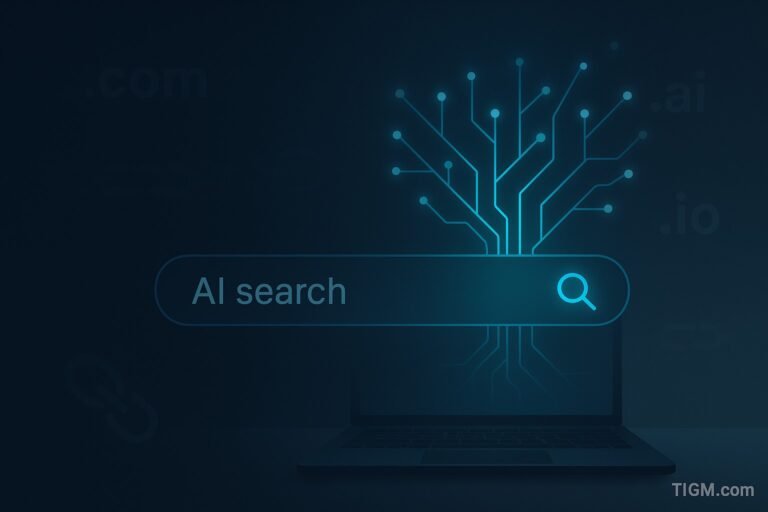 A futuristic AI search bar glows on a dark blue interface, with branching neural-network lines rising from it and faint domain extensions like .com, .ai, and .io in the background, symbolizing AI transforming how users discover websites.