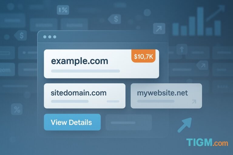 “Digital domain marketplace dashboard showing generic domain cards with a $10.7K top-sale badge, analytics icons, rising bar chart motif, and TIGM.com watermark.”