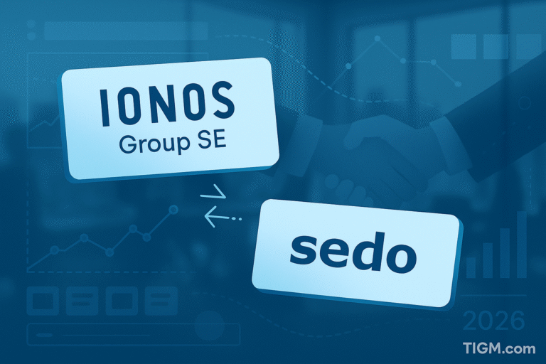“A digital graphic showing labeled cards for IONOS Group SE and Sedo connected by directional arrows, with a handshake silhouette and financial charts in the blue background, plus a 2026 marker and TIGM.com watermark.”