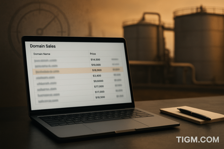 “A laptop displaying a generic domain sales list with a highlighted high-value sale, set against blurred industrial fuel tanks and warm amber lighting, with a notepad and pen in the foreground — TIGM.com.”