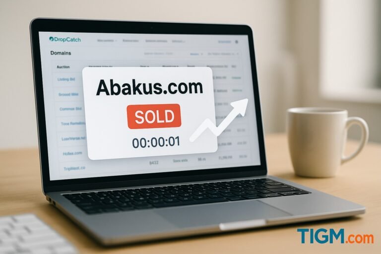 “Digital auction screen showing Abakus.com marked as SOLD, with bidding interface and a desktop workspace in the background; TIGM.com watermark at bottom-right.”