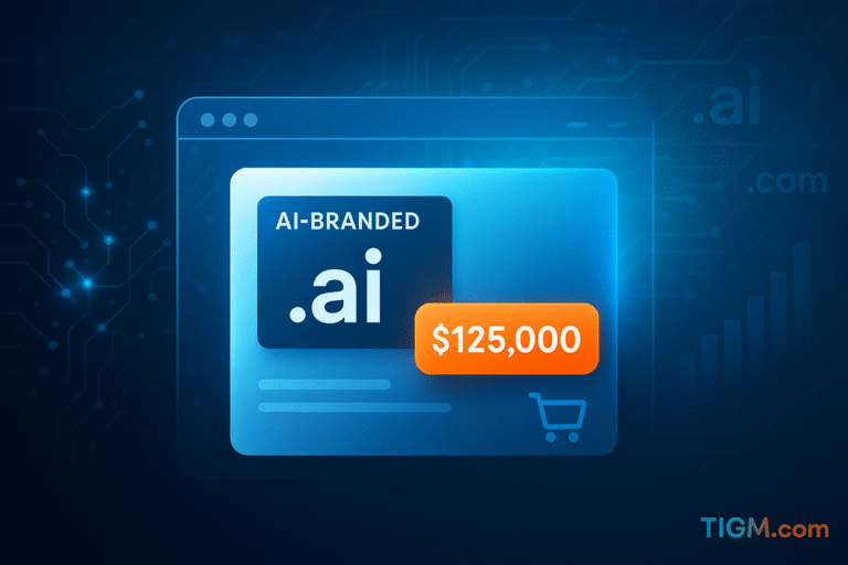“Digital illustration showing a browser-style window with an AI-branded .ai domain card and a $125,000 sale badge, set against a futuristic neural-network tech background with TIGM.com watermark.”