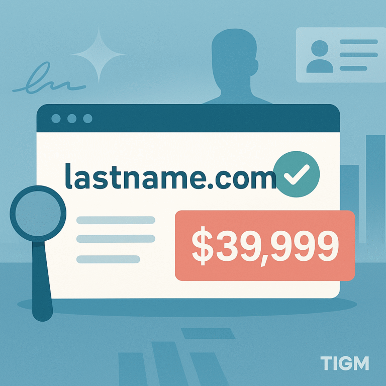 “Digital illustration showing a browser window with the placeholder domain lastname.com, a green checkmark, and a large $39,999 price tag, with identity-themed elements like a silhouette, signature line, and magnifying glass, representing the sale of Baranov.com for $39,999.”