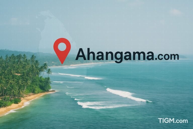 A tropical aerial view of Ahangama, Sri Lanka, featuring turquoise ocean waves, palm-lined beaches, and a subtle map outline of Sri Lanka with a red location pin and the text “Ahangama.com.”