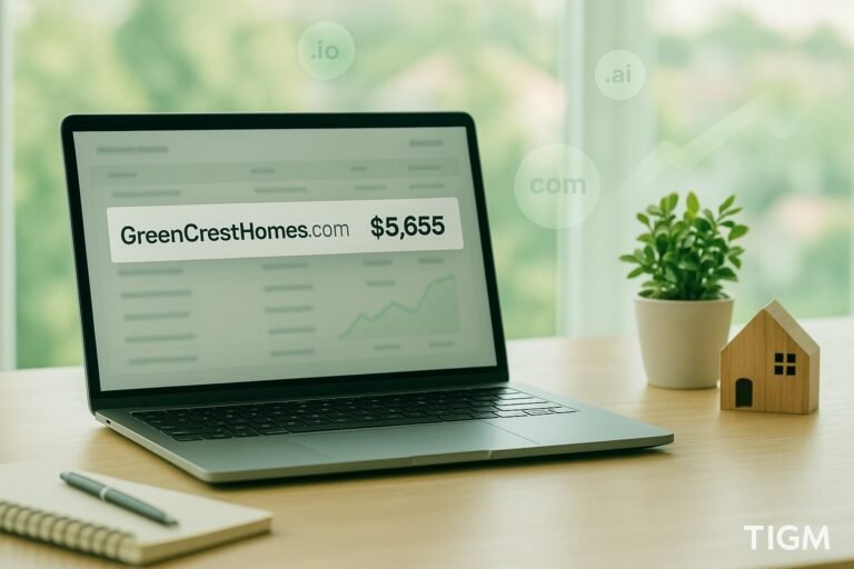 A laptop on a wooden desk displays a highlighted $5,655 sale for GreenCrestHomes.com, with a small plant, notebook, and wooden house figurine nearby against a bright, natural real-estate themed background.