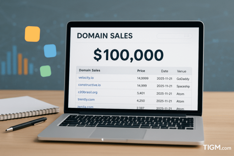 “Laptop on a wooden desk displaying a domain-sales dashboard highlighting a $100,000 sale for Velocity.io, with a notebook and pen beside it and abstract analytics icons in the blurred background. TIGM.com watermark visible at the bottom-right.”