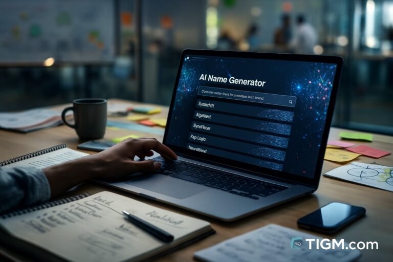 A startup founder uses an AI name generator on a laptop, reviewing suggested brandable names in a modern coworking space, with handwritten naming ideas, sticky notes, and a coffee mug on the desk.