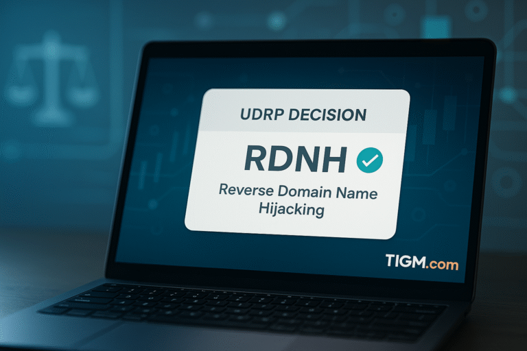 A laptop screen displaying a generic “UDRP Decision” interface with the text “RDNH – Reverse Domain Name Hijacking,” set against a teal legal-tech themed background with subtle scales-of-justice graphics. TIGM.com watermark appears at the bottom-right.