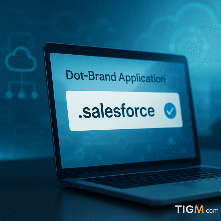A laptop displaying a “Dot-Brand Application” interface with the term “.salesforce” and a confirmation check mark, set against a blue cloud-themed digital background. TIGM.com watermark appears at the bottom-right.