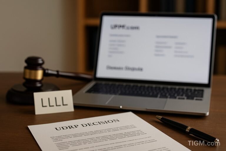 “A legal-themed workspace featuring a UDRP Decision document on a wooden desk, a judge’s gavel, a laptop displaying a WHOIS lookup for UPPF.com, and a small card labeled ‘LLLL,’ with a blurred bookshelf in the background and a TIGM.com watermark.”