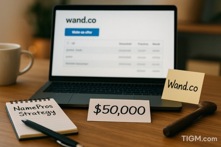 “A workspace with a laptop displaying a domain listing for Wand.co, alongside a handwritten ‘NamePros Strategy’ notepad, a card showing ‘$50,000,’ a sticky note labeled ‘Wand.co,’ and a gavel on the desk, with a TIGM.com watermark.”