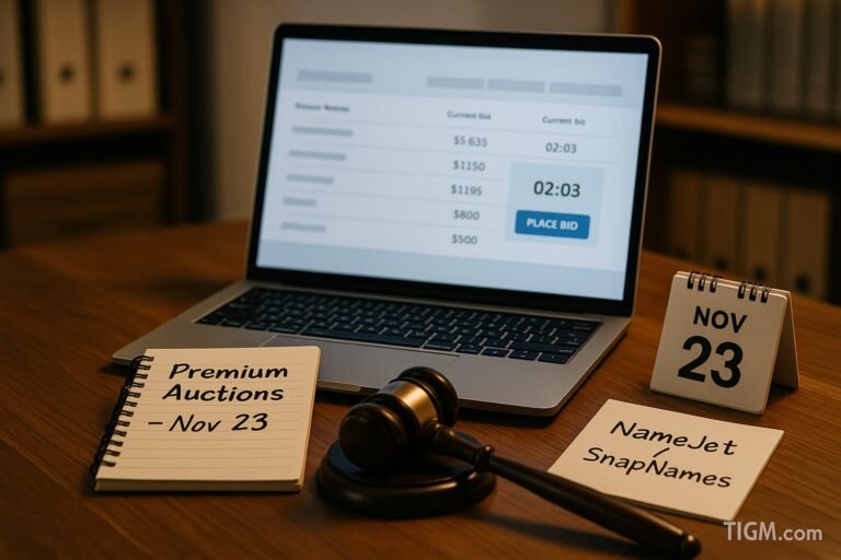 “An auction-themed workspace with a laptop displaying a generic bidding interface, a desk calendar marked ‘Nov 23,’ a gavel, a notepad labeled ‘Premium Auctions – Nov 23,’ and a card reading ‘NameJet / SnapNames,’ set on a wooden desk with the TIGM.com watermark.”