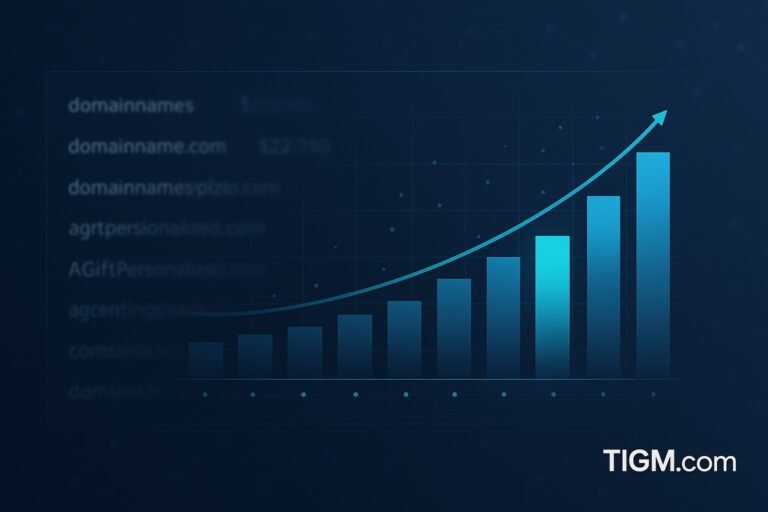 “A digital analytics dashboard with rising bar charts representing NameBio’s $346K reported domain sales for November 22.”