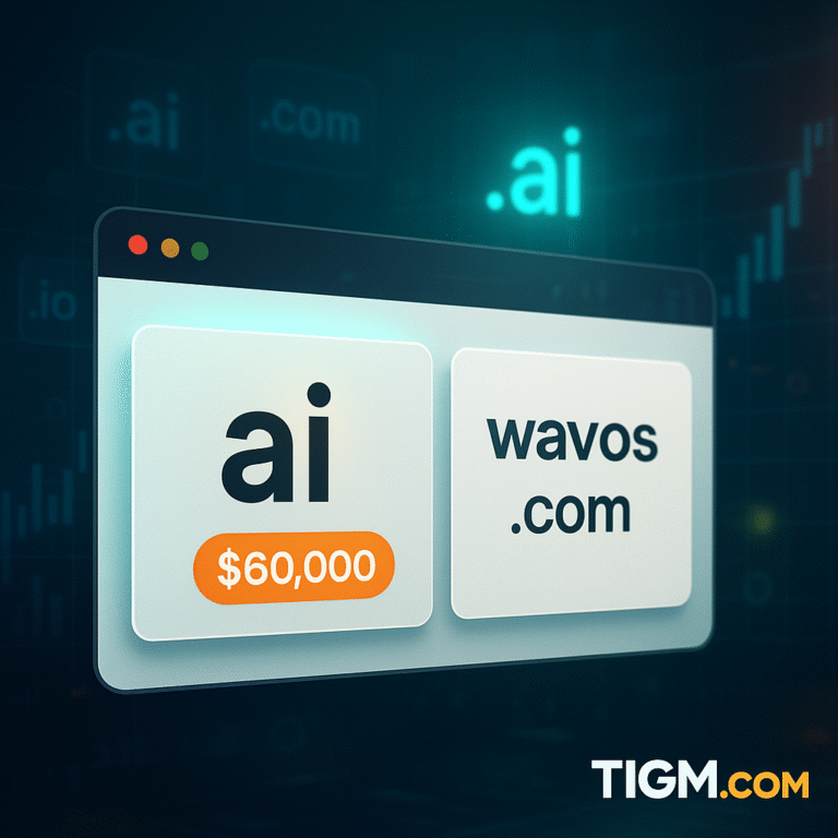 “Digital browser-style window showing an AI domain card with a $60,000 price badge and a Wavos.com domain card, set against a futuristic domain-market background with .ai and .com extension icons and TIGM.com watermark.”