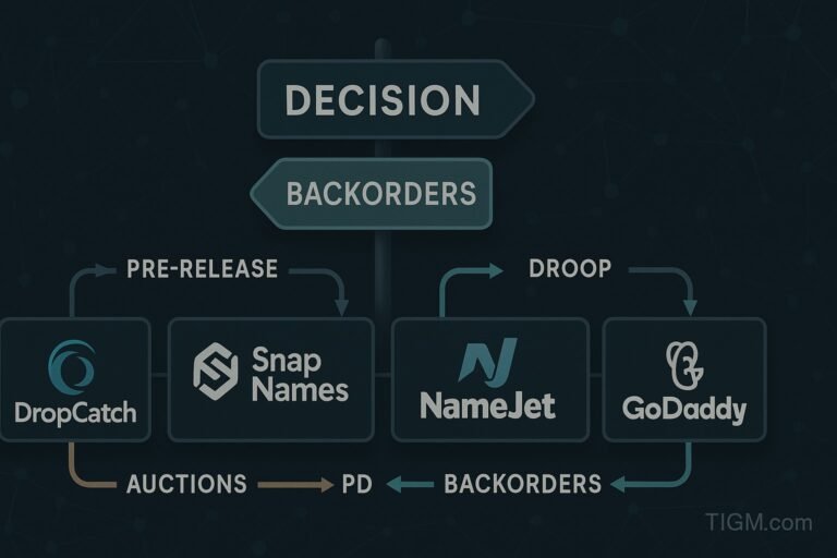“DropCatch, SnapNames, NameJet, GoDaddy—decision paths between pre-release auctions and PD backorders.”