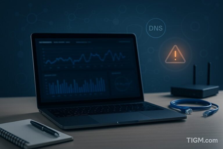 A laptop displaying a blurred DNS monitoring dashboard sits on a light desk beside a notebook, pen, Ethernet cable, and router, with floating DNS and warning-symbol graphics in the background representing minor resolver instability.