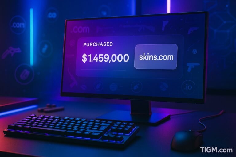 “A gaming-themed workspace with a monitor displaying a blurred $1.459M domain purchase for skins.com, illuminated by neon blue and purple lighting, with a mechanical keyboard, mouse, and abstract domain icons; TIGM.com watermark visible.”