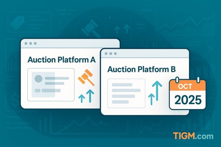 “Two overlapping generic auction-platform browser windows with bidding icons and October 2025 calendar elements, set against a market-analytics background; TIGM.com watermark bottom-right.”