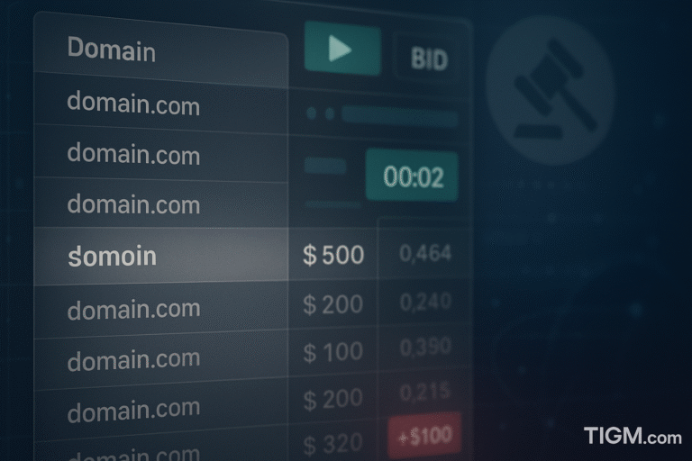“Digital auction interface showing generic domain listings, blurred prices, countdown timers, and bid buttons, with a subtle gavel icon and TIGM.com watermark.”