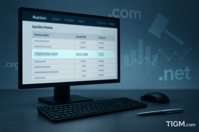 A computer monitor displaying a blurred domain auction interface with a highlighted $20,508 sale, set on a dark desk with a keyboard and pen, against a background featuring subtle .com and .net symbols and a faint auction gavel graphic, with a TIGM.com watermark.