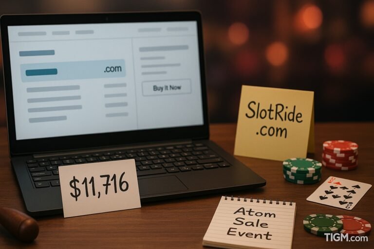 “A workspace scene featuring a laptop displaying a generic domain listing page, a handwritten ‘SlotRide.com’ card, poker chips, playing cards, a note reading ‘$11,716,’ and a notepad labeled ‘Atom Sale Event,’ with a warm casino-style bokeh background and the TIGM.com watermark.”