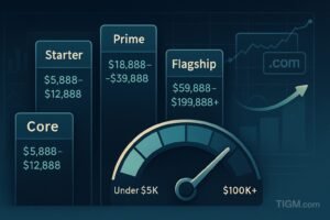 Brandable .COM Price Bands (Under $5k / $5–15k / $15–50k / $50k+)