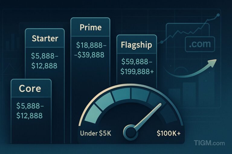 “Brandable .COM price bands—Starter, Core, Prime, Flagship—visual stacks with a pricing gauge.”