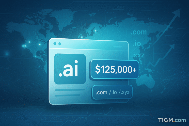 “Digital illustration showing a browser-style window with a .ai domain card, a $125,000+ price badge, and additional .com/.io/.xyz labels over a world map and rising trend arrows, with TIGM.com watermark.”