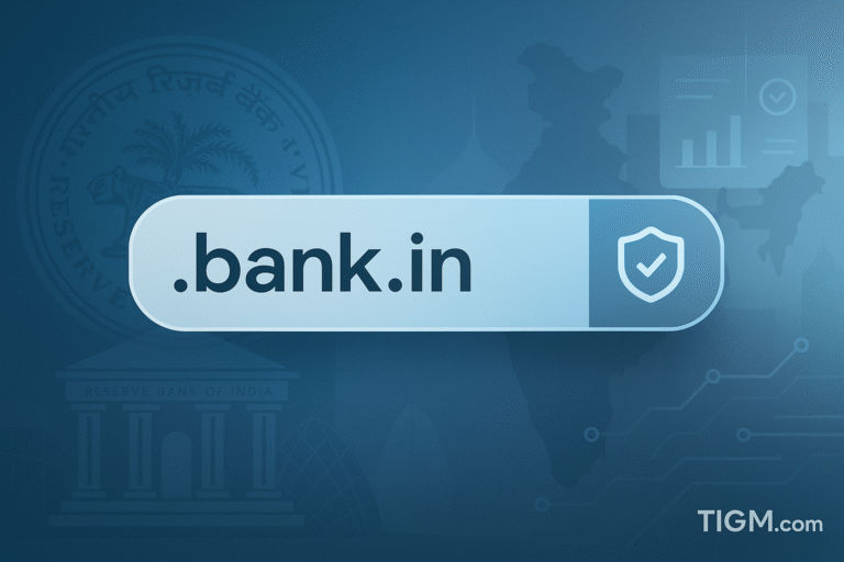 “A digital graphic showing a .bank.in domain bar with a security shield icon, set against a blue background featuring India’s map, RBI building outlines, financial charts, and the TIGM.com watermark.”