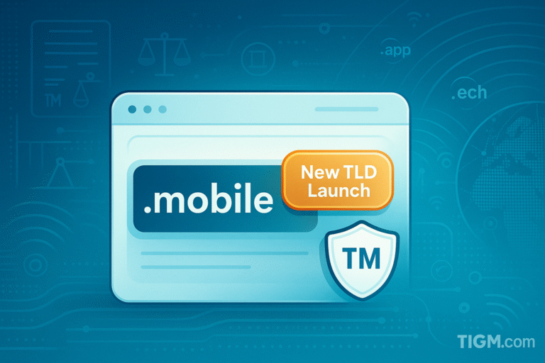 “Digital illustration showing a browser-style window with the .mobile TLD, a ‘New TLD Launch’ badge, and a trademark shield icon, set against a blue tech-network background with TIGM.com watermark.”