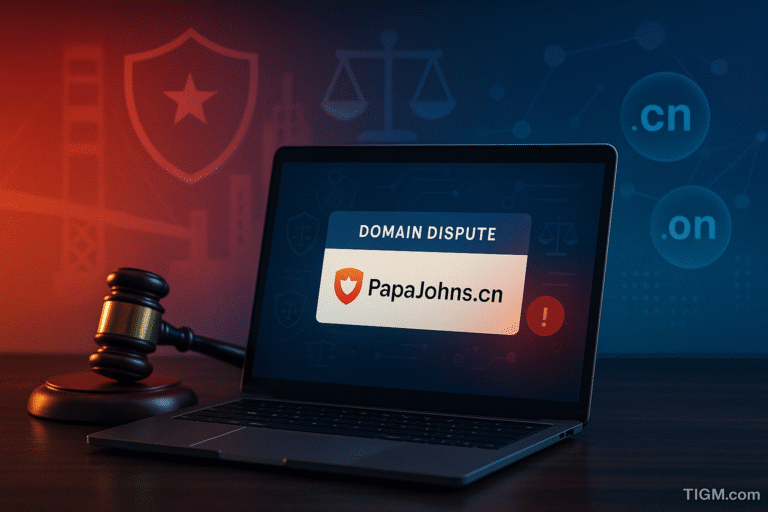 “Laptop displaying a generic domain-dispute notice for PapaJohns.cn, with a gavel on the desk and China-themed digital law icons in the background, symbolizing rising brand-protection tension — TIGM.com featured image.”