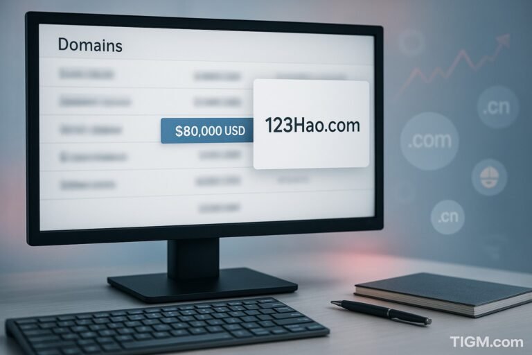 “A computer monitor displaying a blurred domain sales list with a highlighted $80,000 sale and a card showing ‘123Hao.com’, alongside desk items and abstract .com/.cn domain icons; TIGM.com watermark visible.”